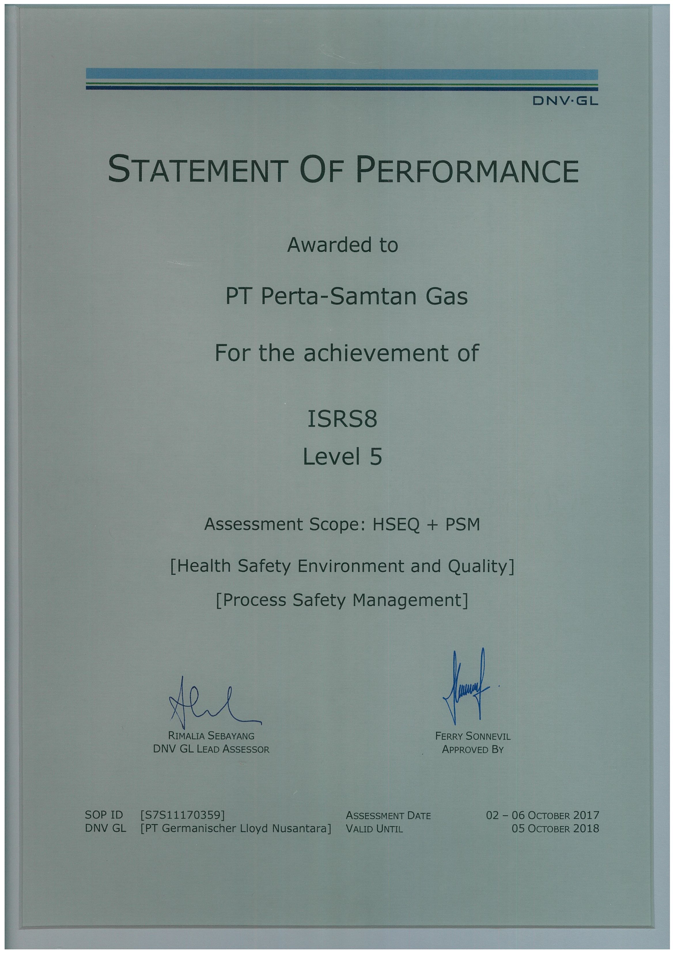 ISRS8 Certificate Level 5 with Scope of Assessment : HSEQ & PSM